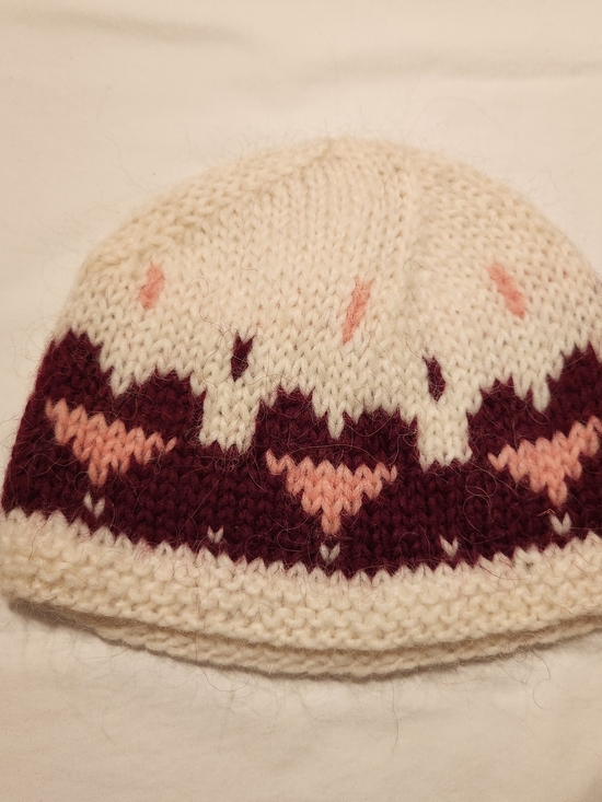 Accessories - Hand Knit Icelandic 100% Wool Beanie Cream Burgundy Pink Women’s